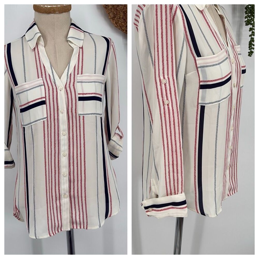 Express Women's Fortofino Shirt Slim Fit Long Roll Tab Sleeve Cream multi Stripe